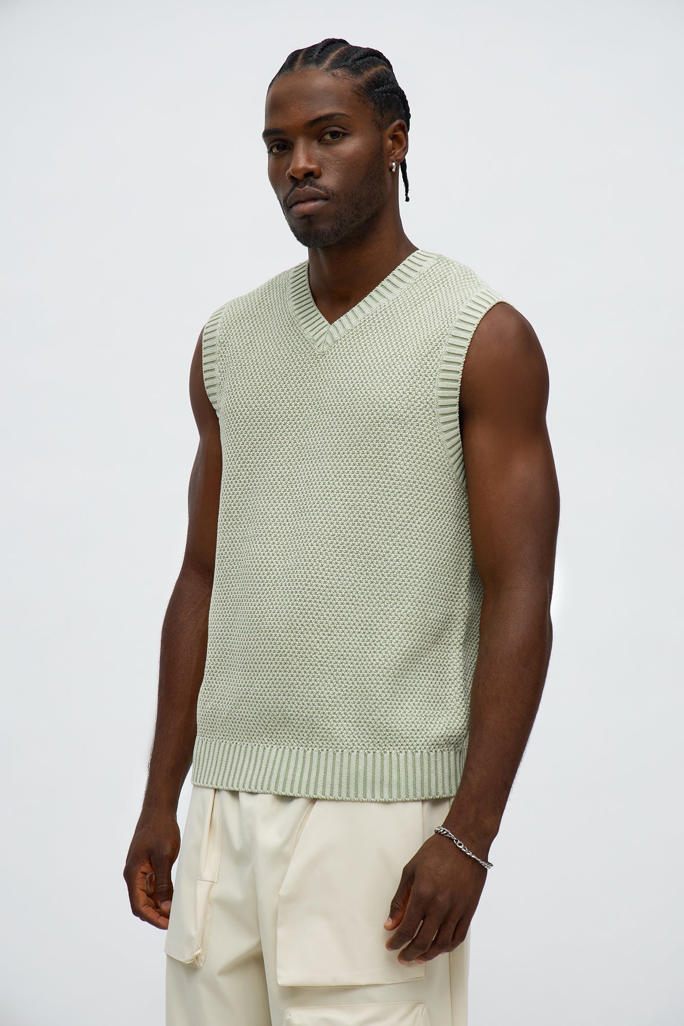 Textured Preppy Sweater Vest - Sage