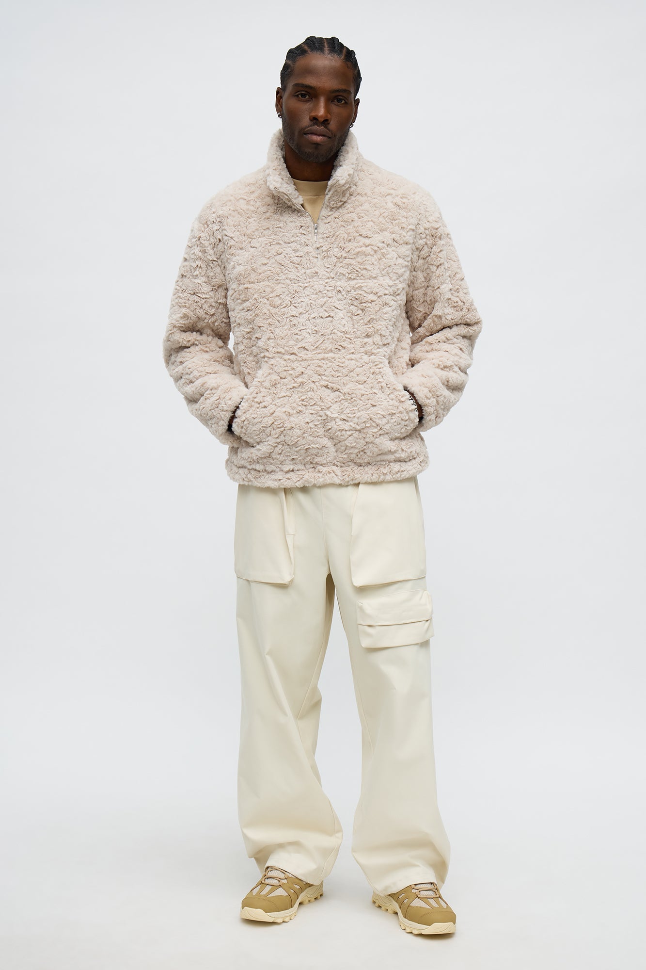 Relaxed Quarter Zip Faux Fur Jacket - Cream
