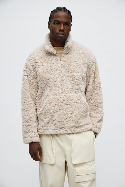 Relaxed Quarter Zip Faux Fur Jacket - Cream