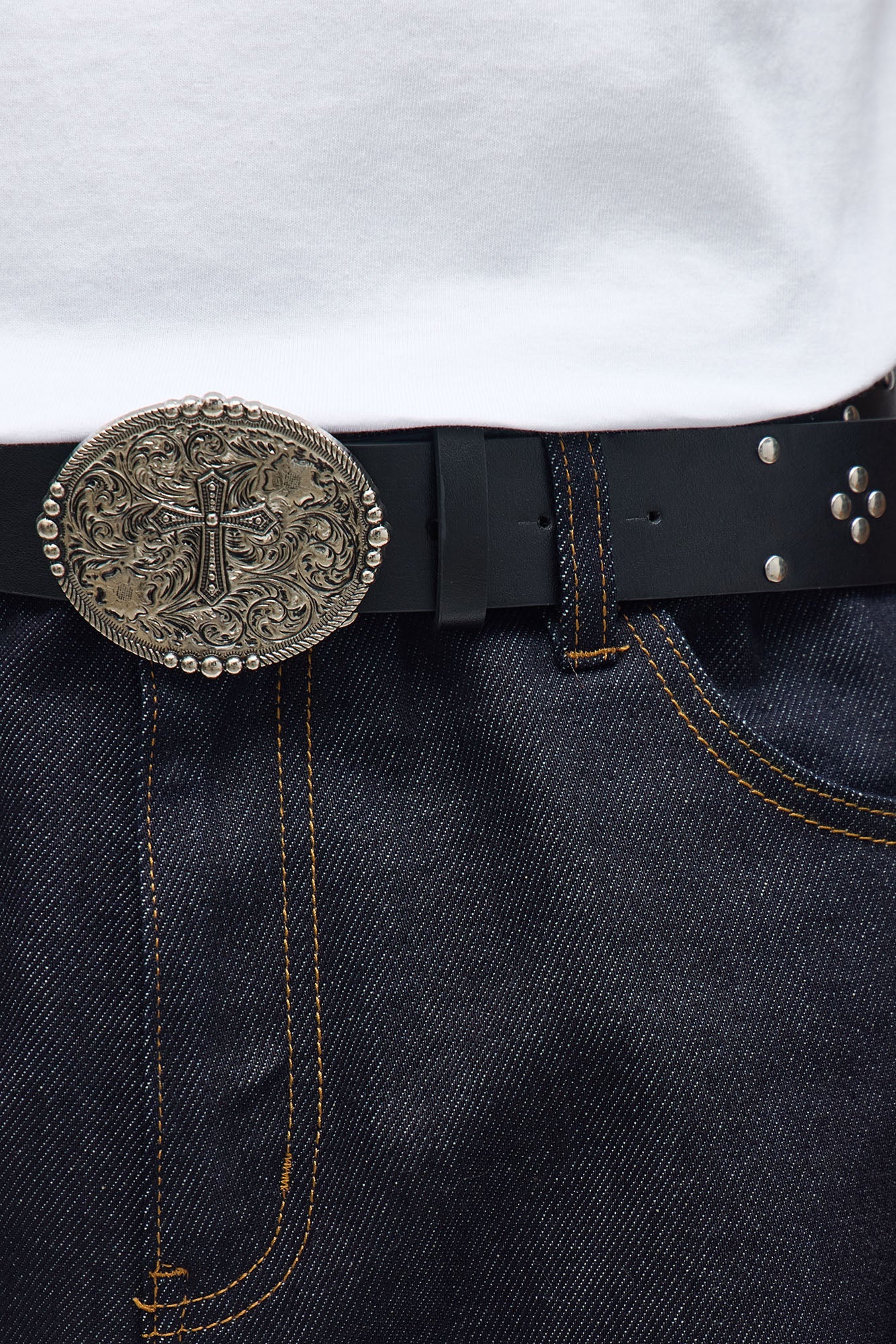 Cross Buckle Studded Faux Leather Belt - Black