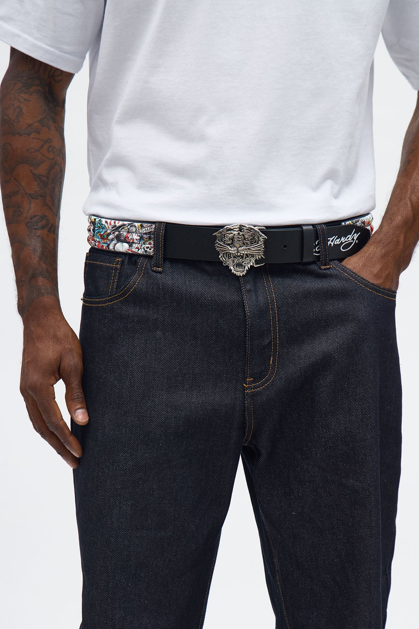 Ed Hardy Tiger Buckle Faux Leather Studded Belt - Black/combo