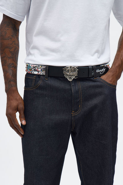 Ed Hardy Tiger Buckle Faux Leather Studded Belt - Black/combo