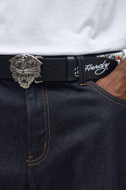 Ed Hardy Tiger Buckle Faux Leather Studded Belt - Black/combo