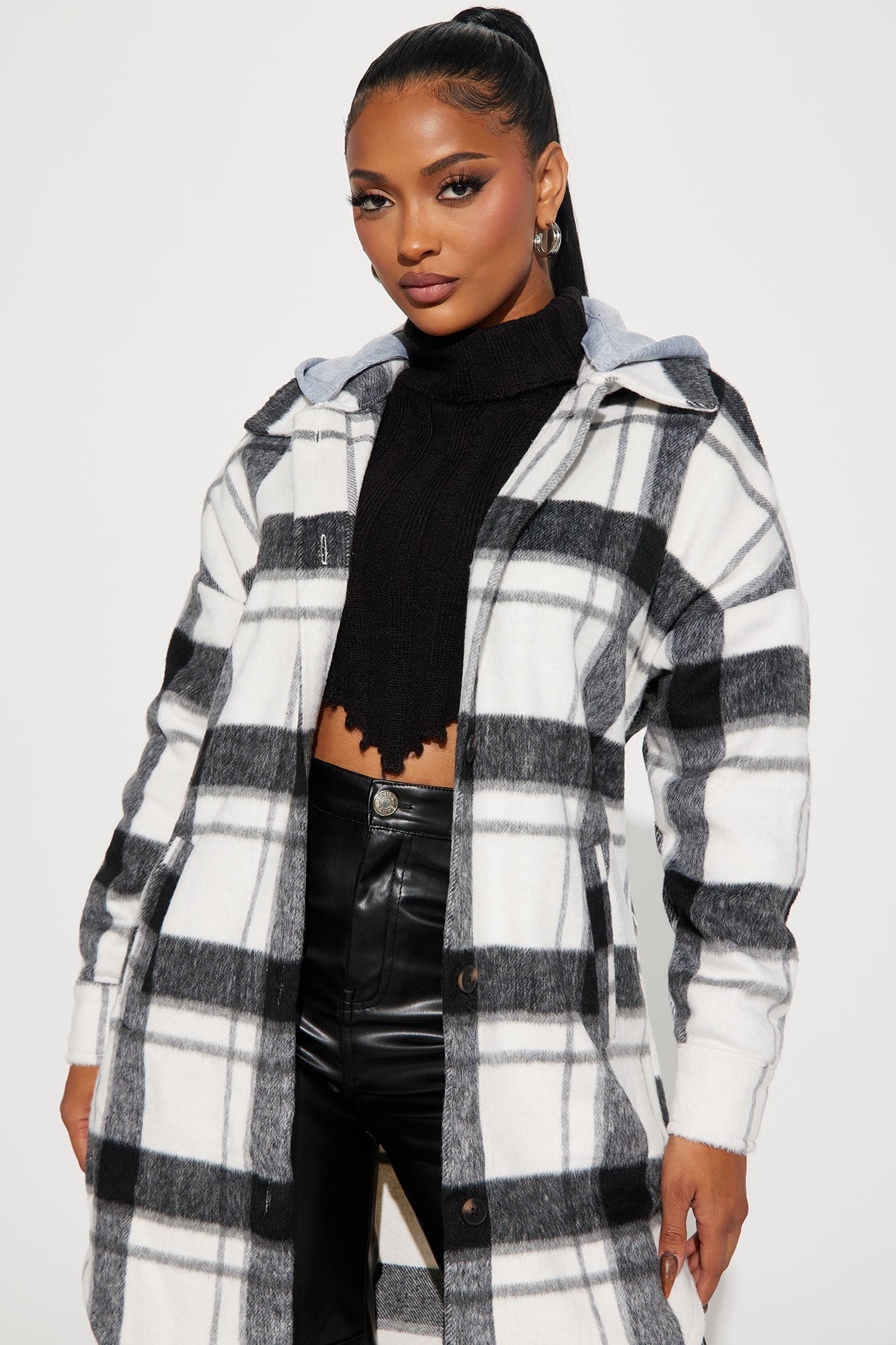 Veronica Hooded Plaid Shacket - Black/White