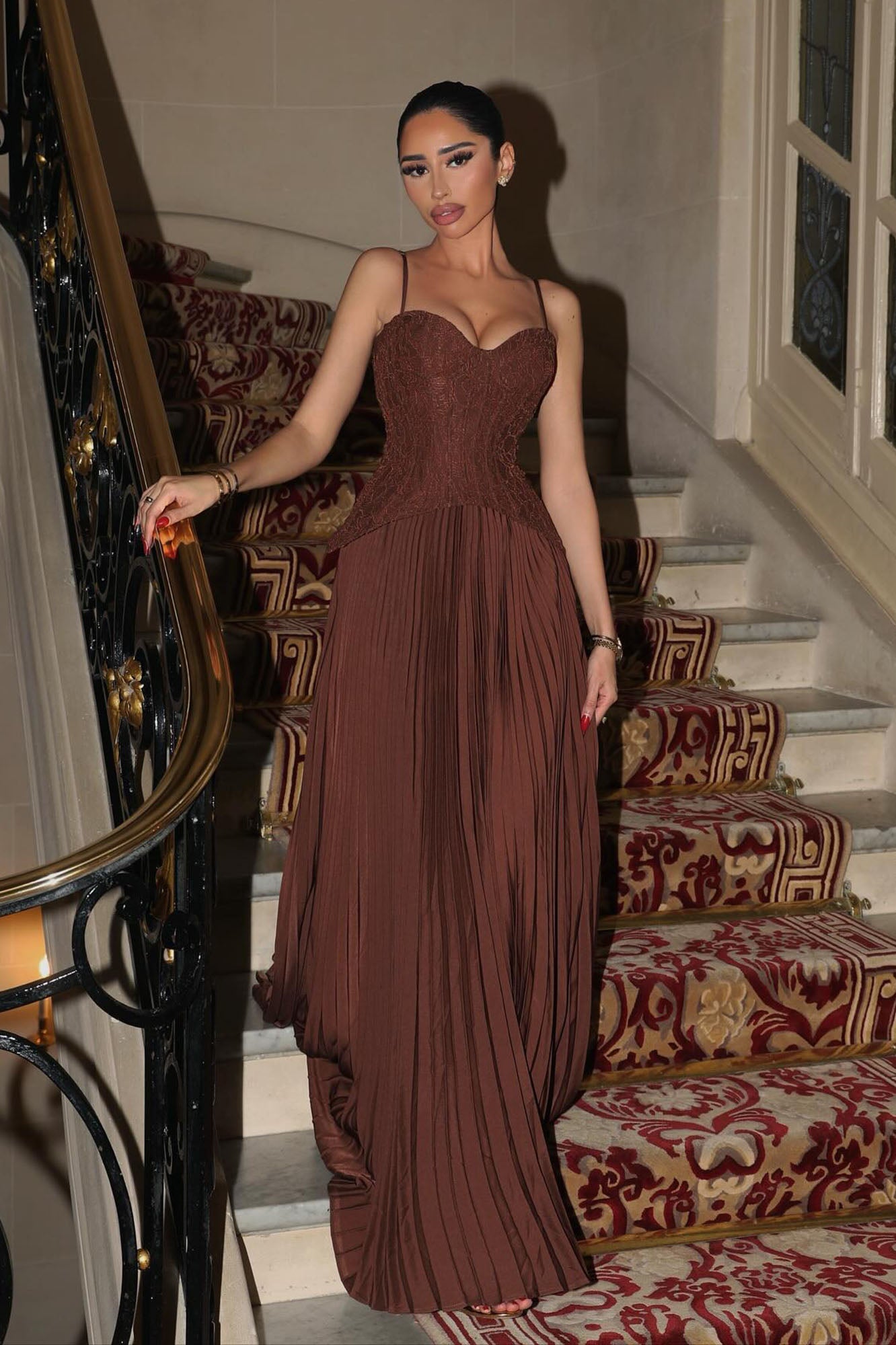 Daniella Lace Corset Pleated Maxi Dress - Chocolate