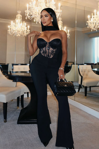 Gia Embellished Flare Pant Set - Black