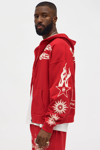 In The Chaos Zip Up Oversized Hoodie - Red