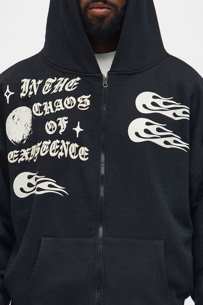 In The Chaos Zip Up Oversized Hoodie - Black