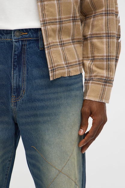 Straight With Stitches Distressed Jean - Vintage Blue Wash
