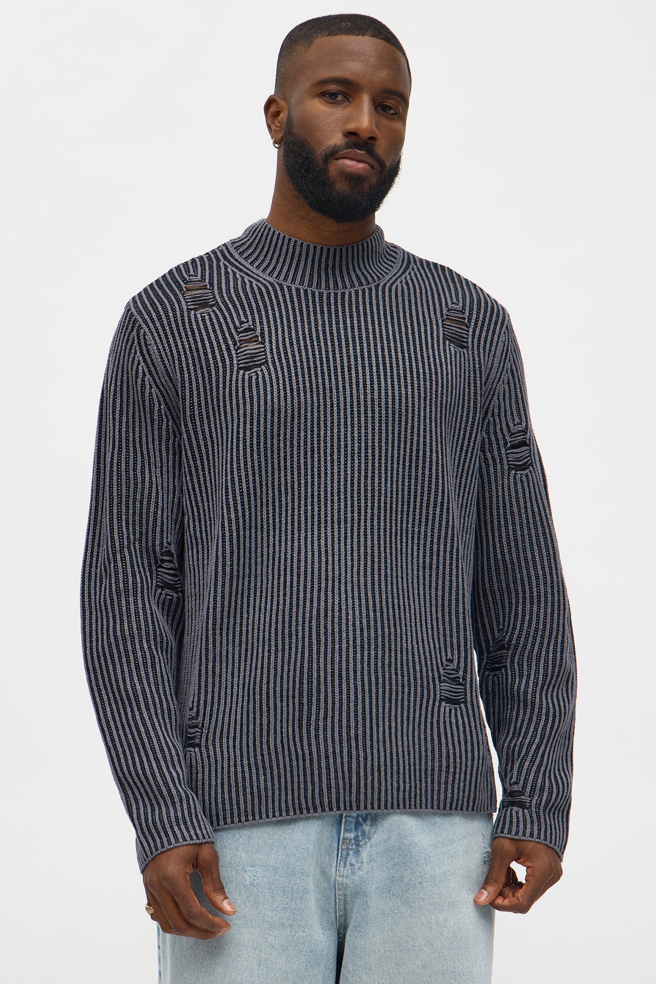 Cedarwood Distressed Mockneck Sweater - Black/combo