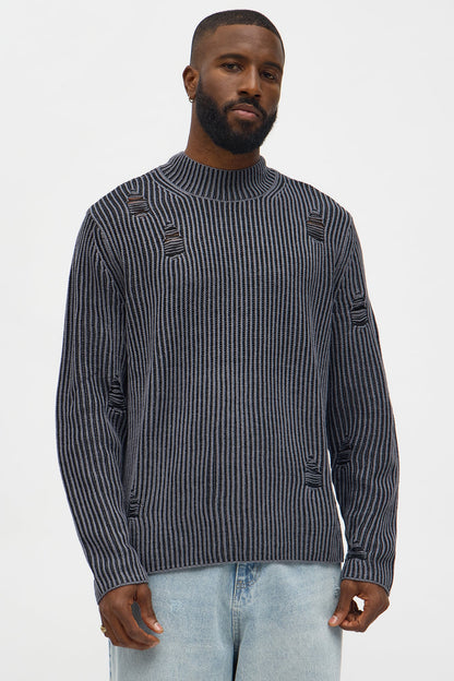 Cedarwood Distressed Mockneck Sweater - Black/combo