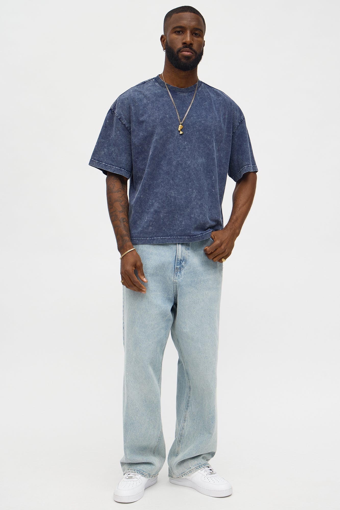 Tinted Acid Wash Boxy Cropped Heavyweight Short Sleeve Tee - Navy