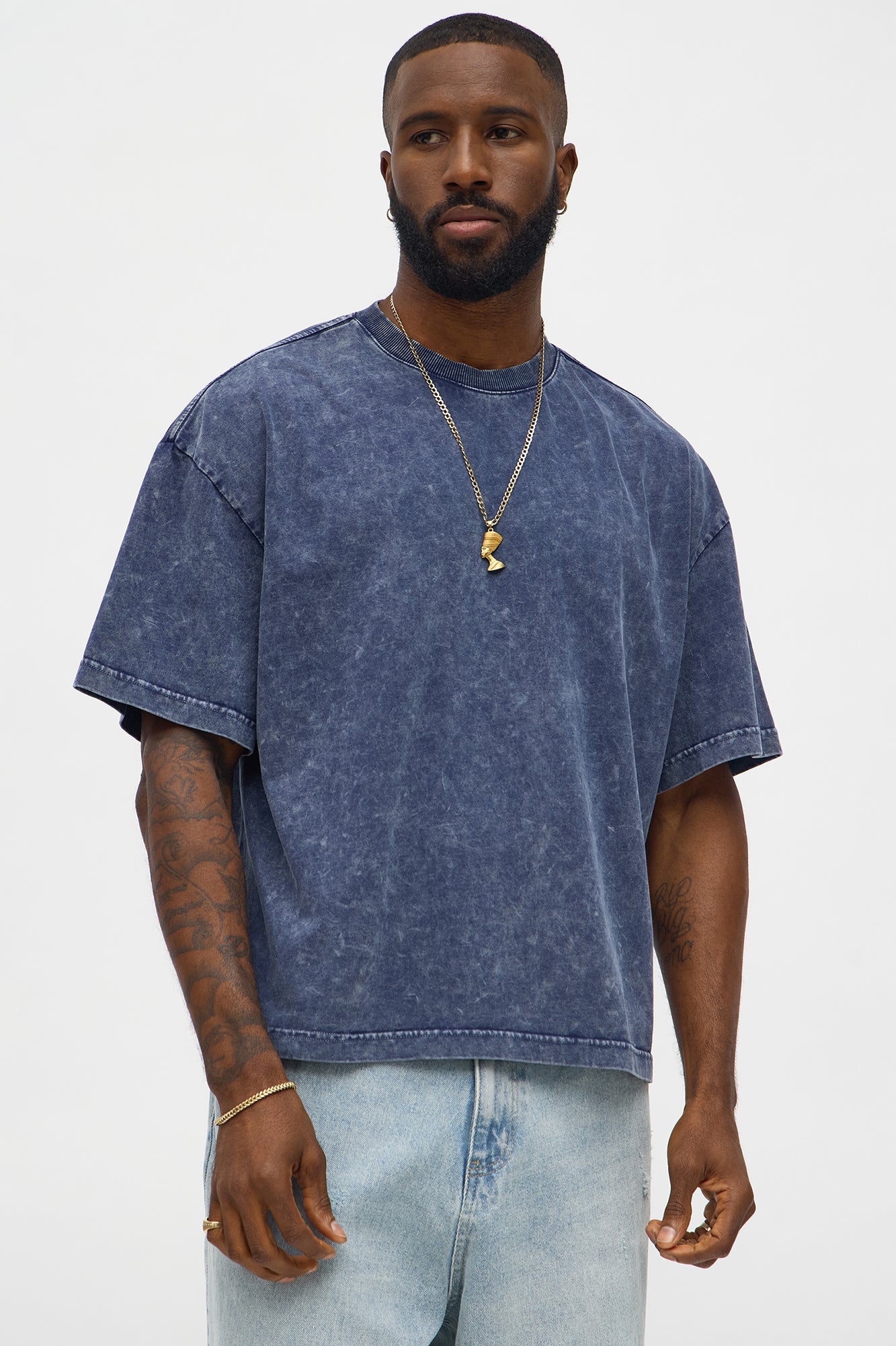 Tinted Acid Wash Boxy Cropped Heavyweight Short Sleeve Tee - Navy