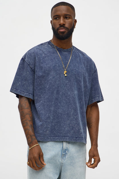 Tinted Acid Wash Boxy Cropped Heavyweight Short Sleeve Tee - Navy