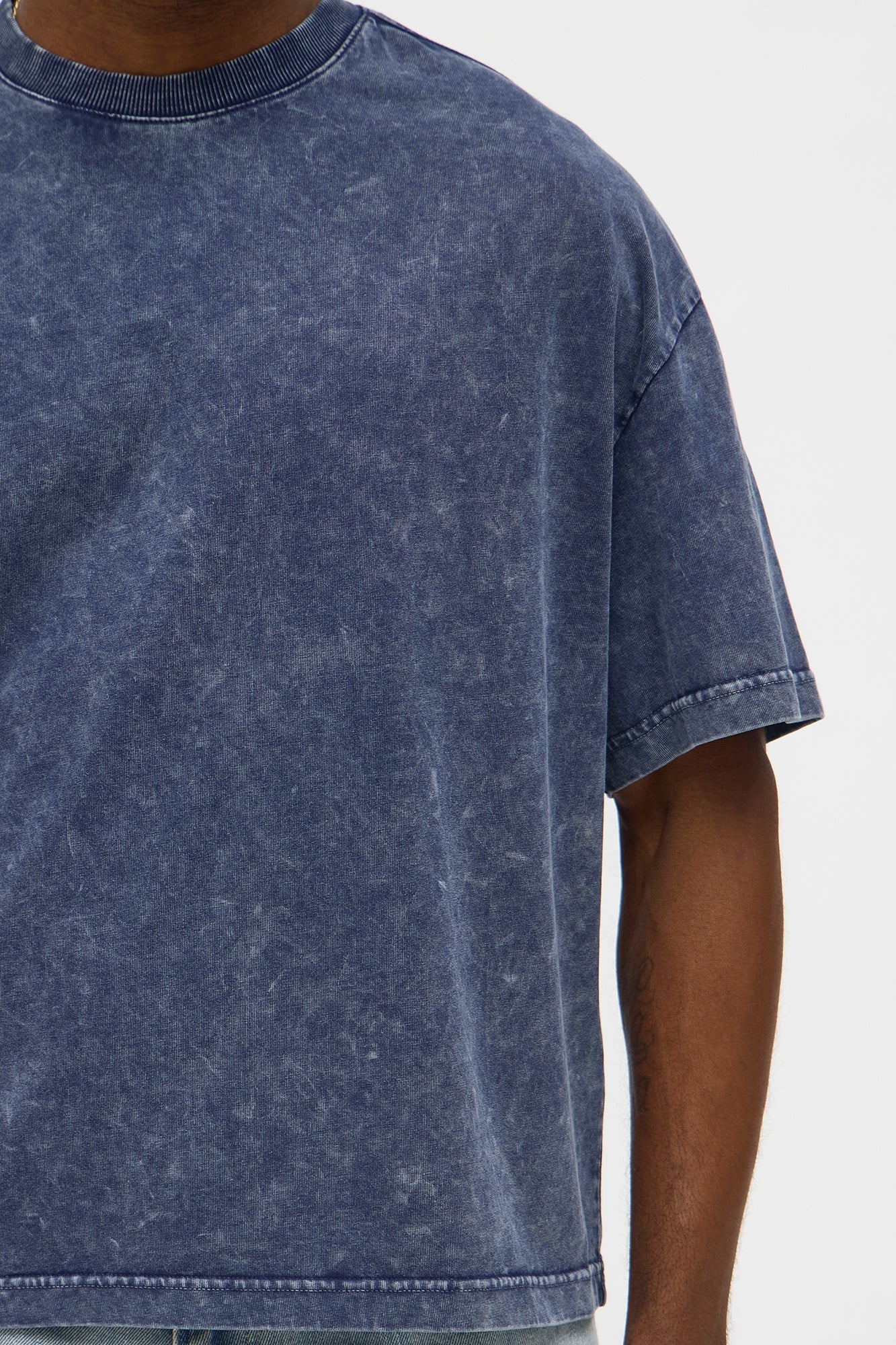 Tinted Acid Wash Boxy Cropped Heavyweight Short Sleeve Tee - Navy