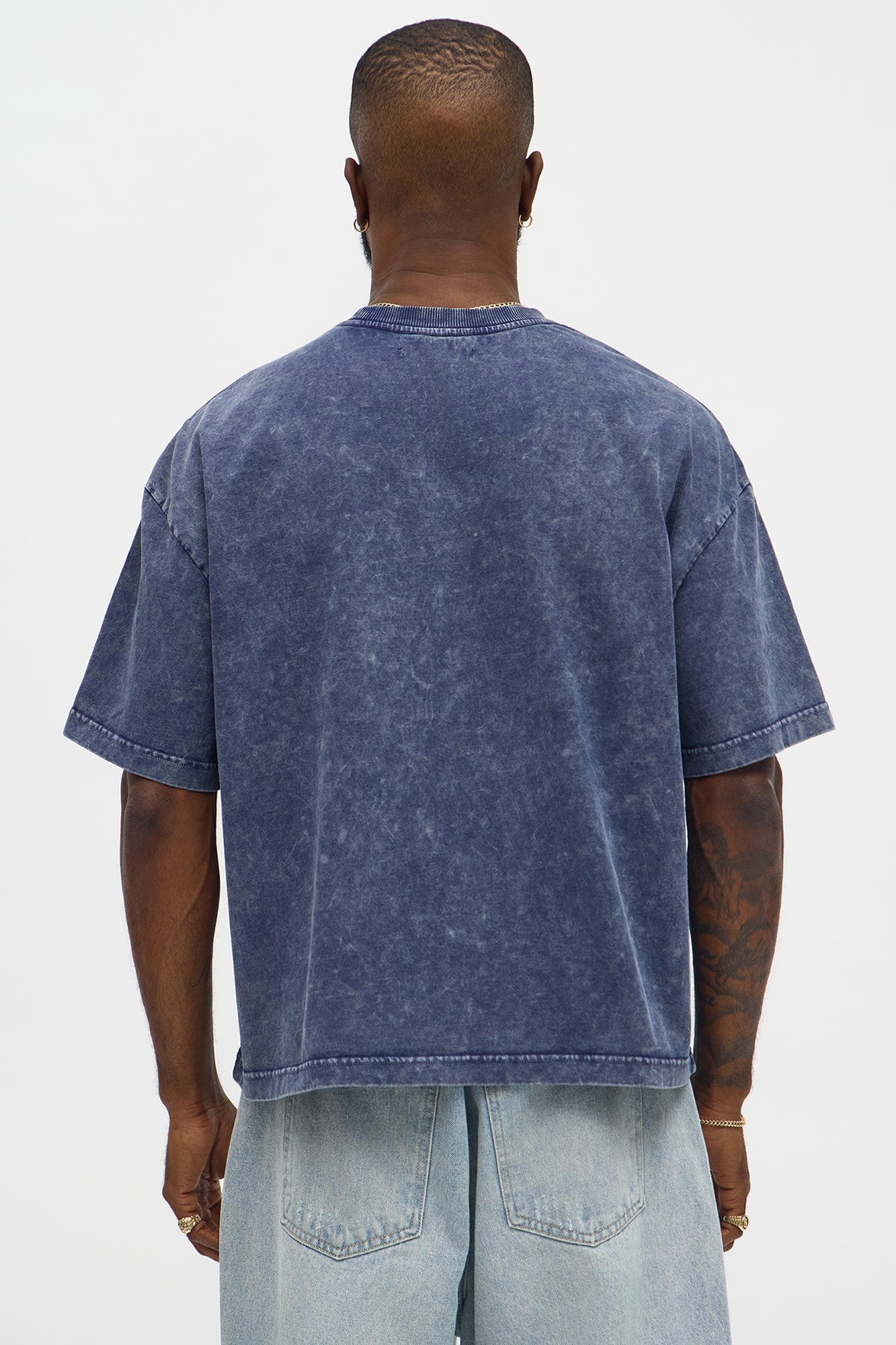 Tinted Acid Wash Boxy Cropped Heavyweight Short Sleeve Tee - Navy