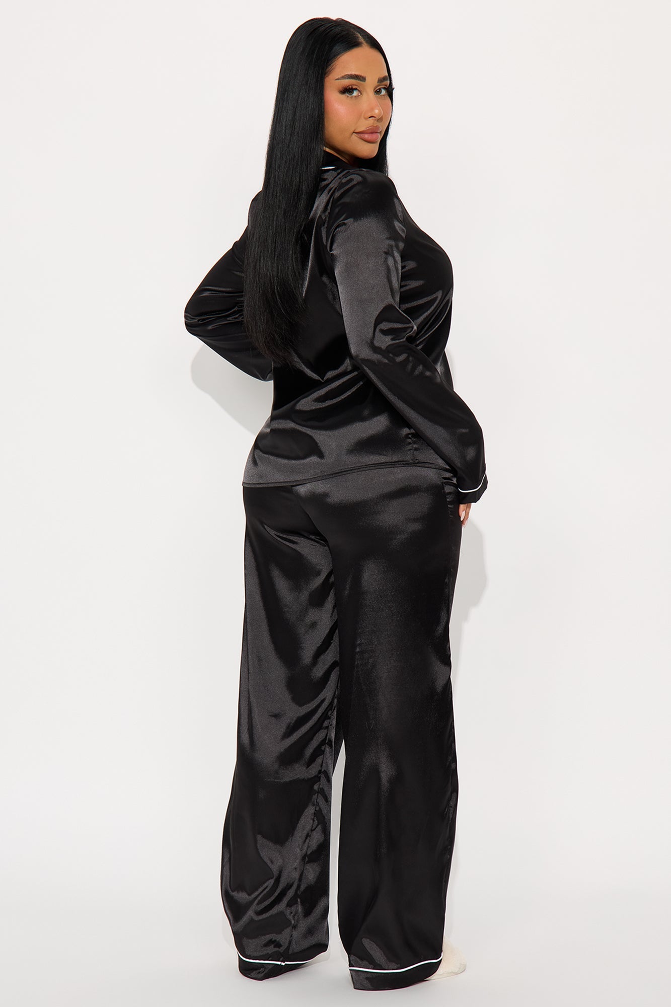 Bedtime Stretch Satin Long Sleeve PJ Pant Set - Black