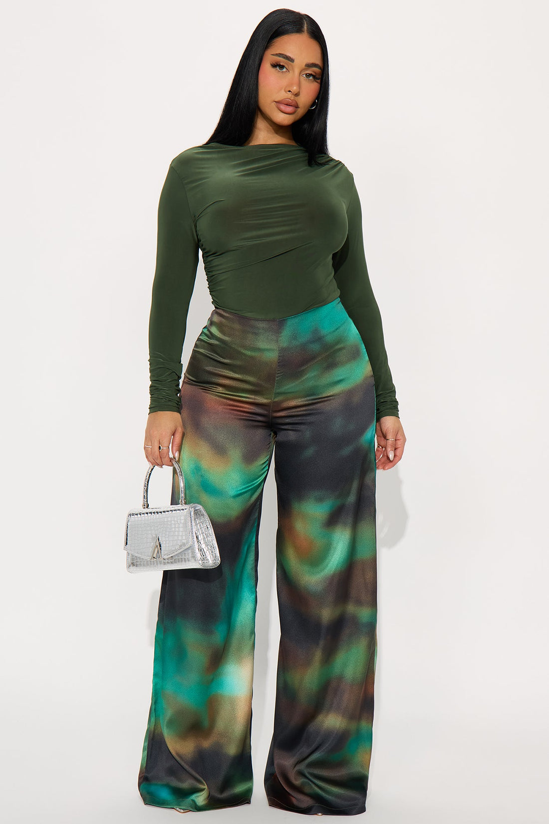 Keep A Secret Abstract Satin Wide Leg Pant 33 - Green/combo