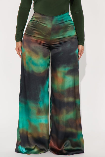 Keep A Secret Abstract Satin Wide Leg Pant 33 - Green/combo
