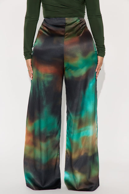 Keep A Secret Abstract Satin Wide Leg Pant 33 - Green/combo