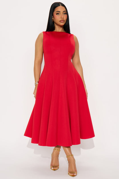 Sweet Sunday Pleated Midi Dress - Red