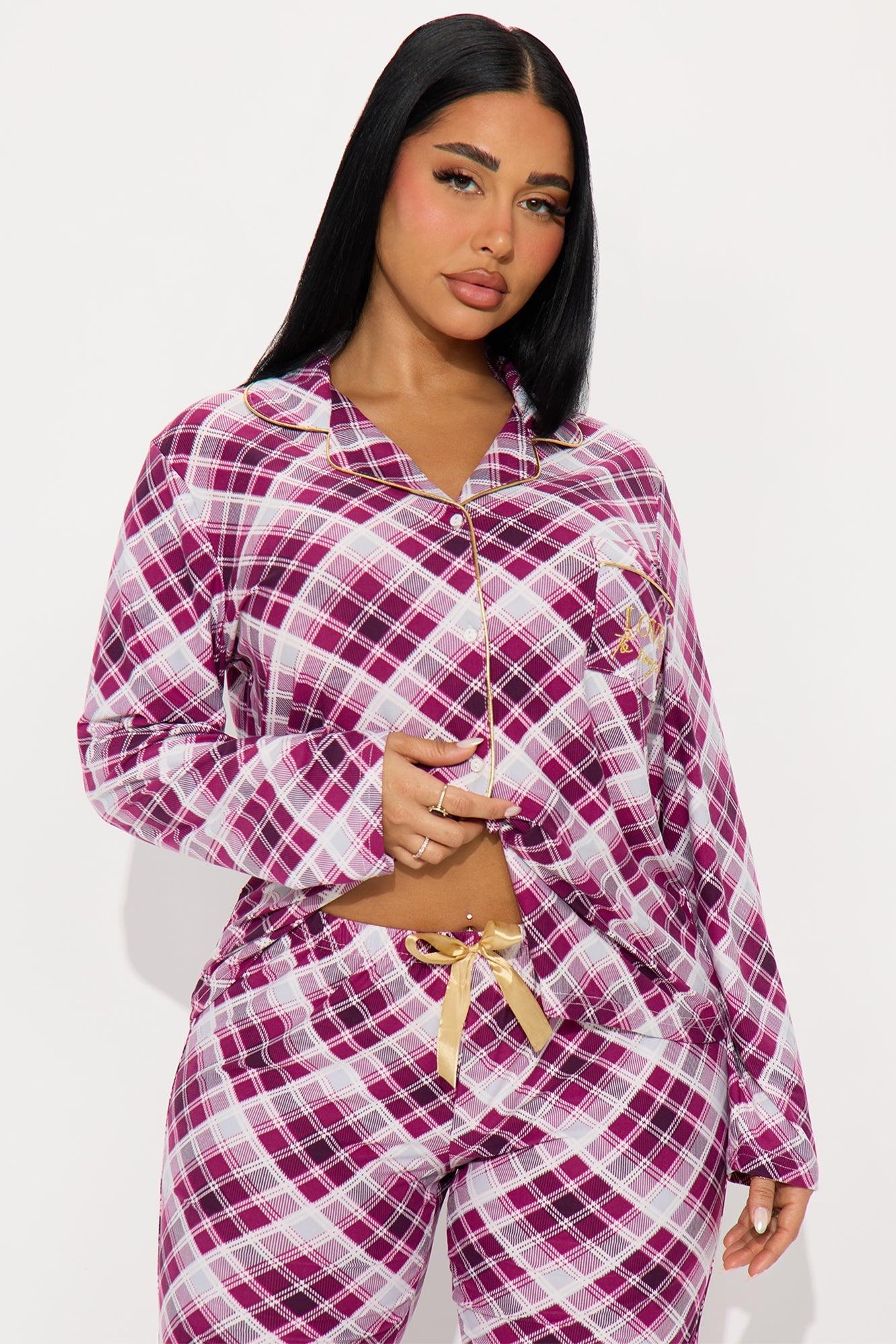 Love Snoozing Embroidered Glitter Long Sleeve PJ Pant Set - Burgundy