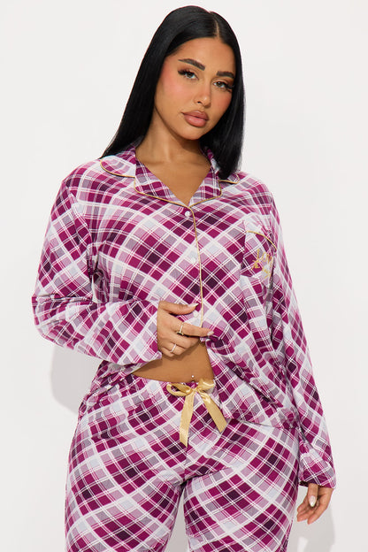 Love Snoozing Embroidered Glitter Long Sleeve PJ Pant Set - Burgundy