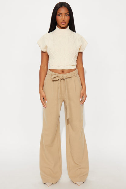 News Briefing Boucle Belted Wide Leg Pant 32″ - Taupe