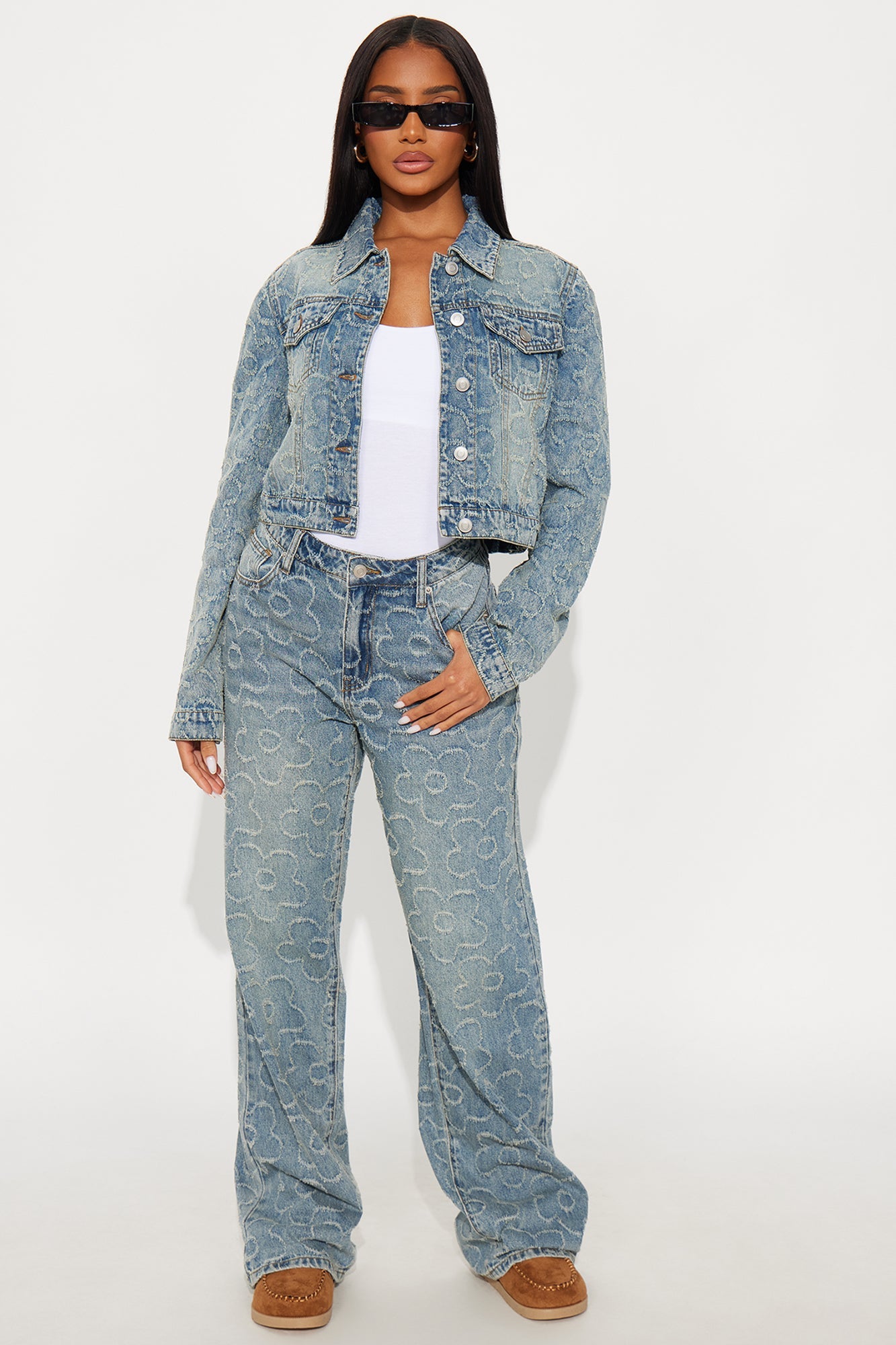 Flower Power Jacquard Denim Jacket - Medium Wash