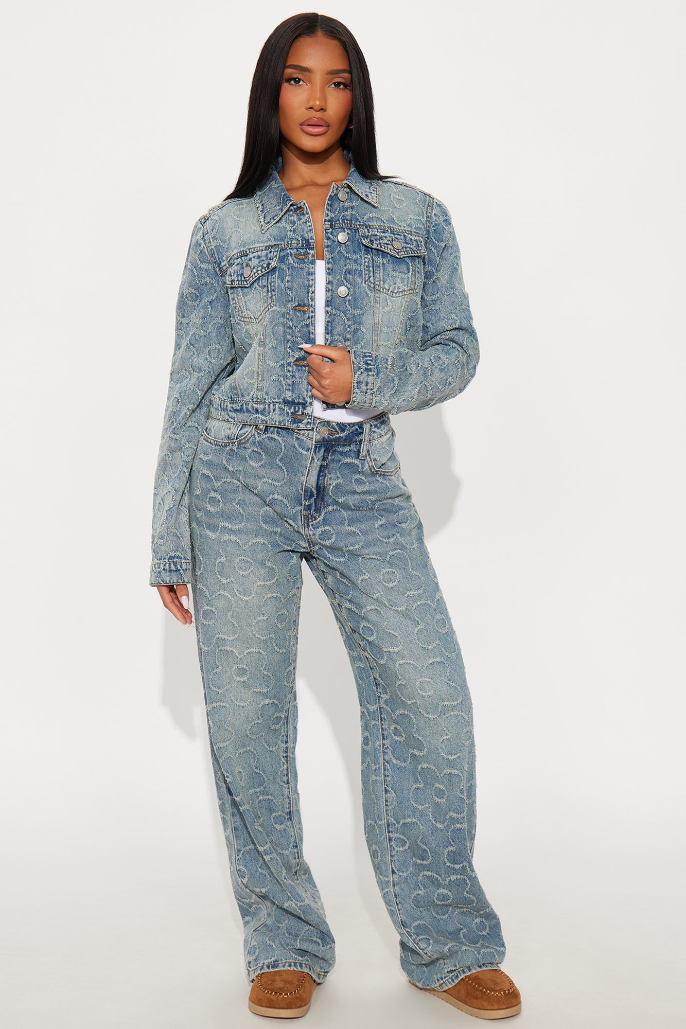 Flower Power Jacquard Denim Jacket - Medium Wash