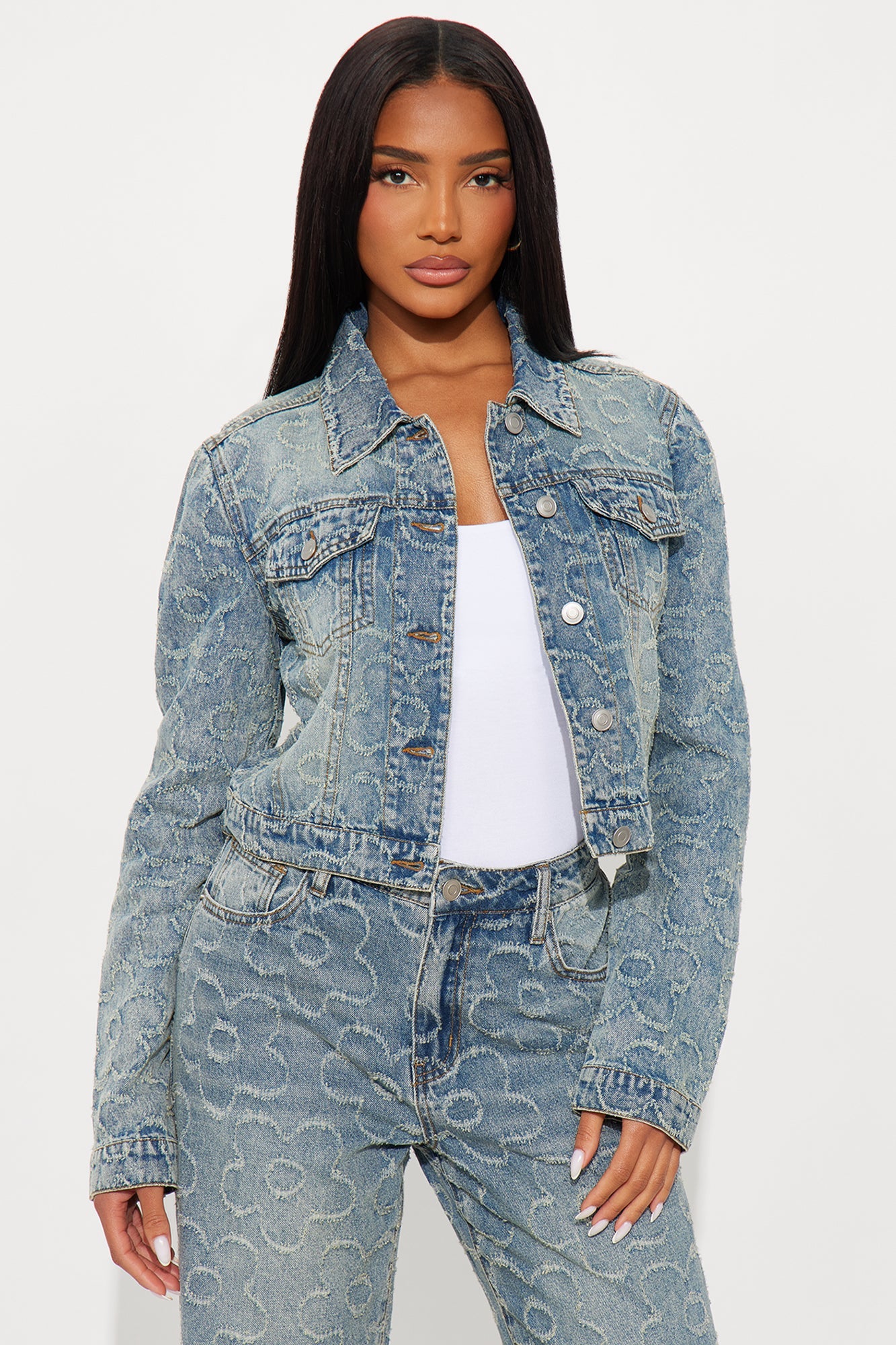 Flower Power Jacquard Denim Jacket - Medium Wash