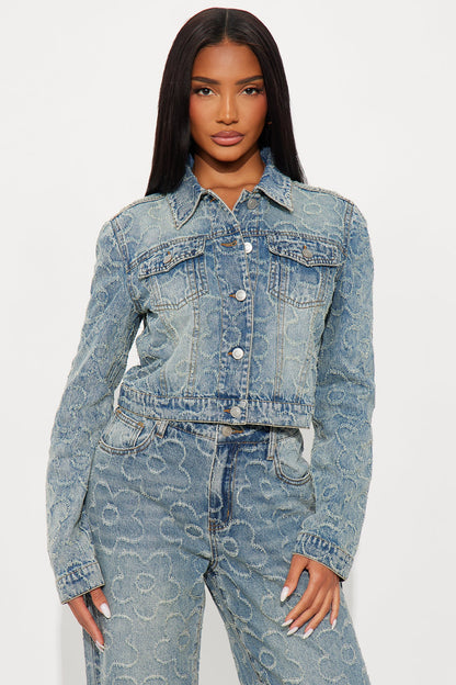 Flower Power Jacquard Denim Jacket - Medium Wash
