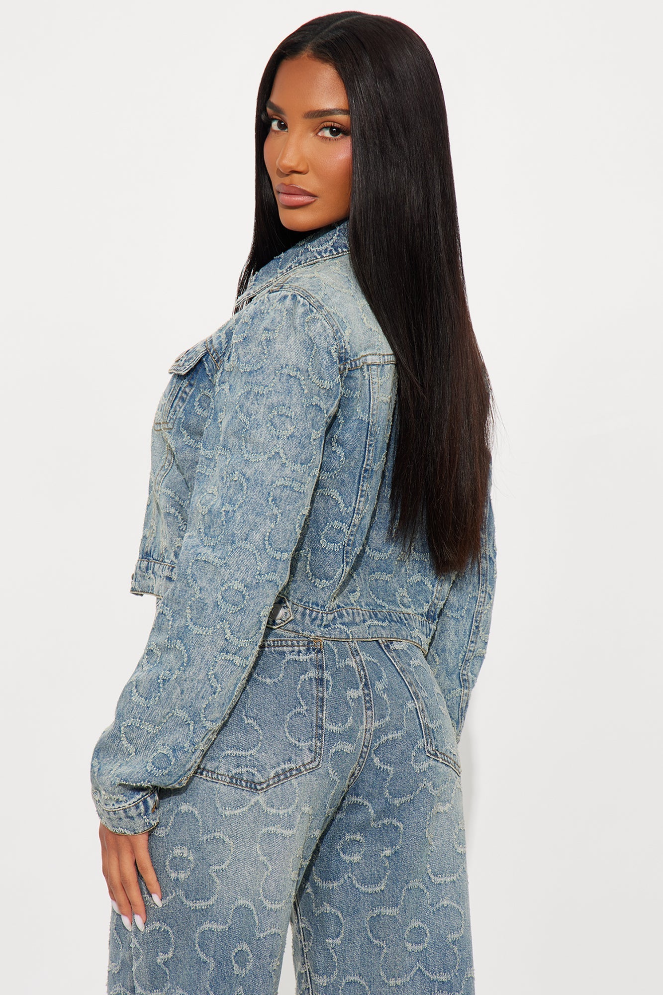 Flower Power Jacquard Denim Jacket - Medium Wash