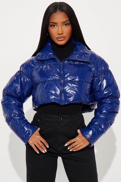 Zora Faux Patent Leather Cropped Puffer Jacket - Navy