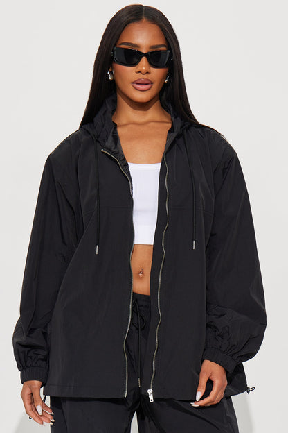 First Class Windbreaker Zip Up Hoodie - Black