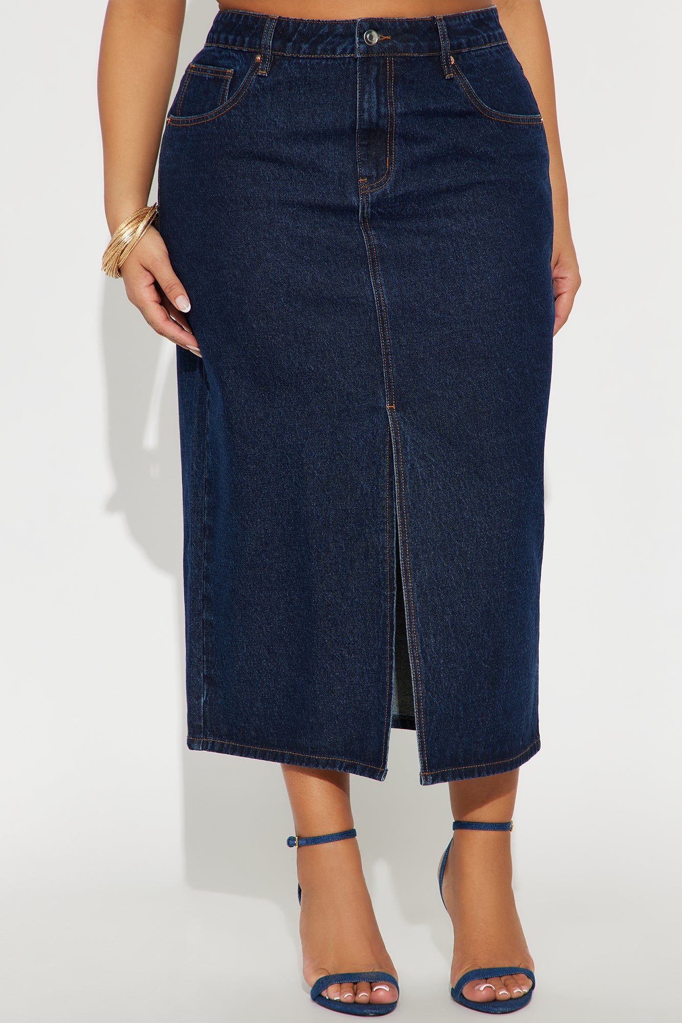 Amanza Rinse Wash Denim Midi Skirt - Rinse Blue Wash