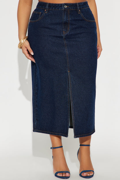 Amanza Rinse Wash Denim Midi Skirt - Rinse Blue Wash