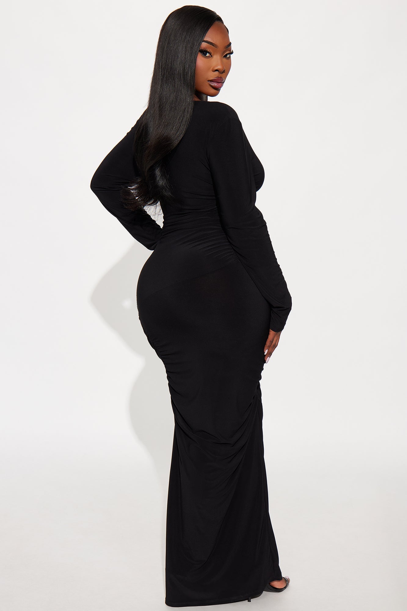 Keep Calling Ruched Long Sleeve Maxi Dress - Black