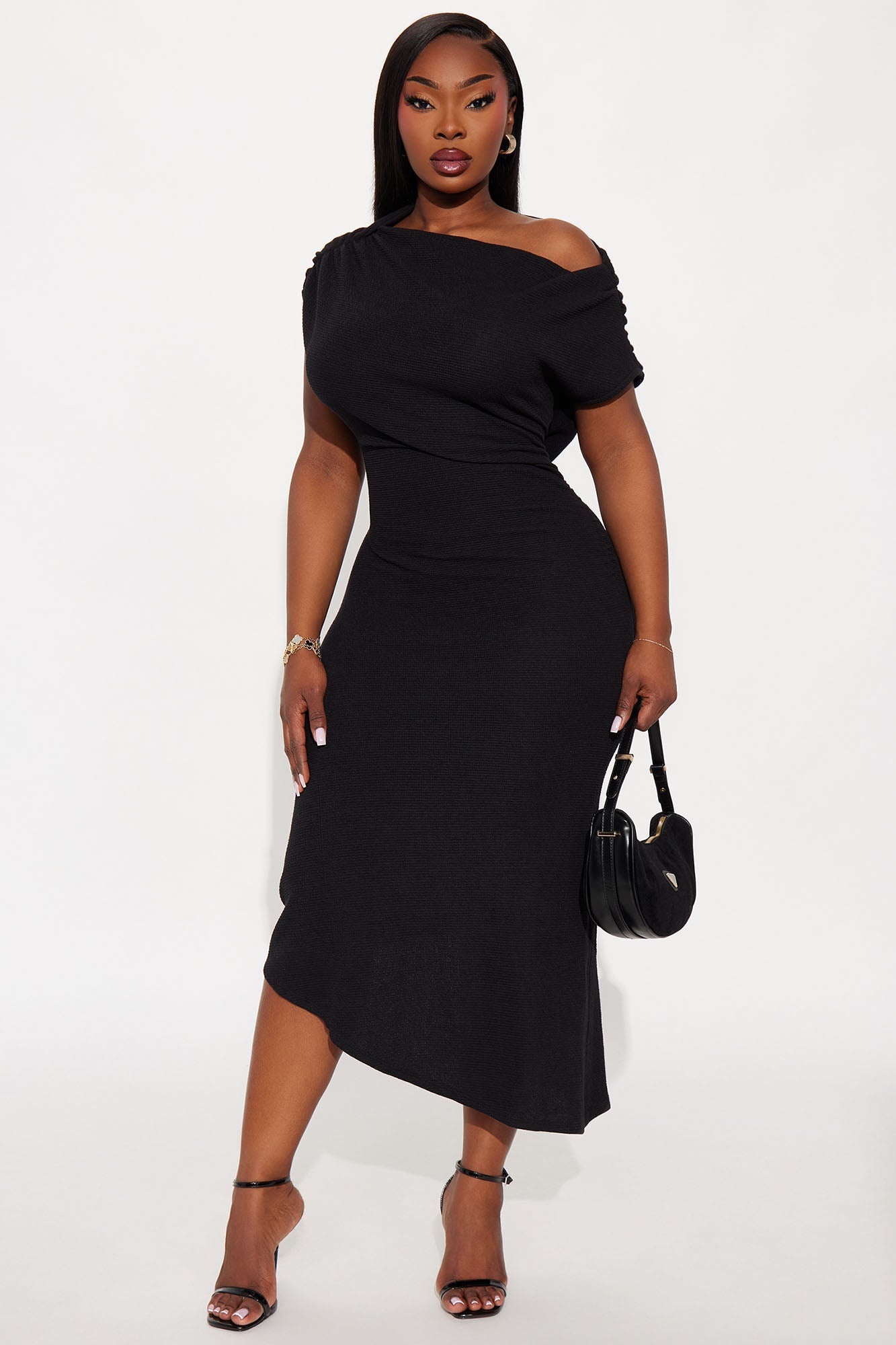 Milena Asymmetrical Textured Midi Dress - Black
