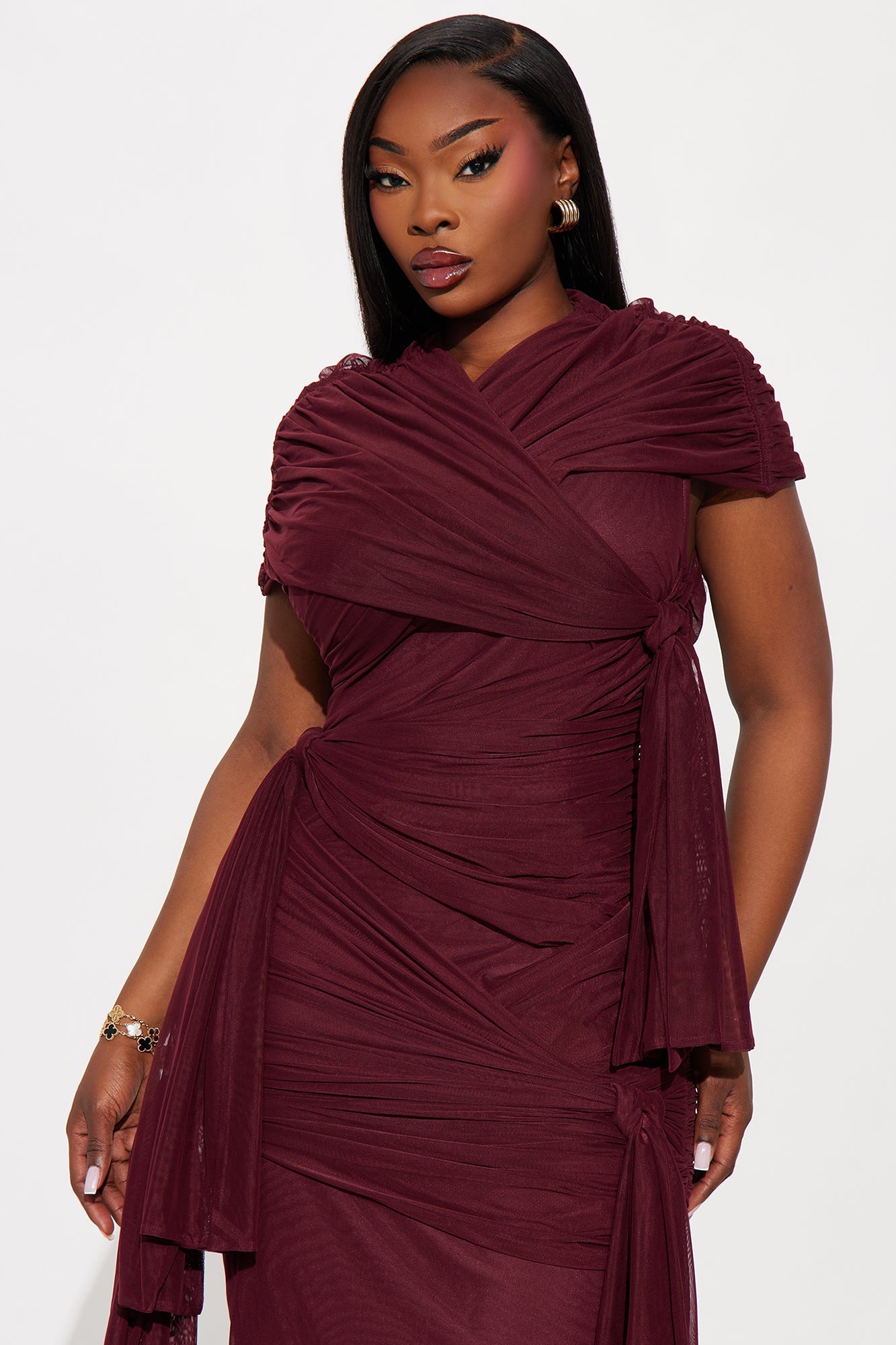 Darcy Draped Mesh Midi Dress - Burgundy