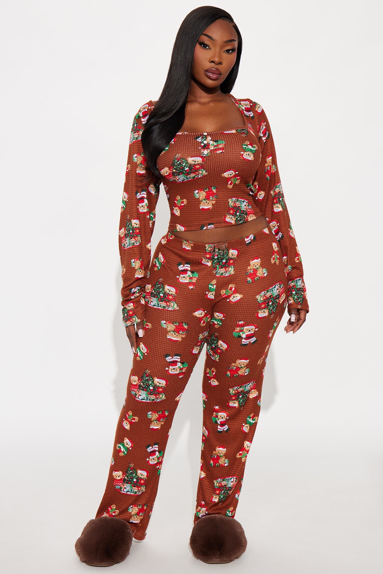 Christmas Teddy Bears Waffle Long Sleeve PJ Pant Set - Chocolate