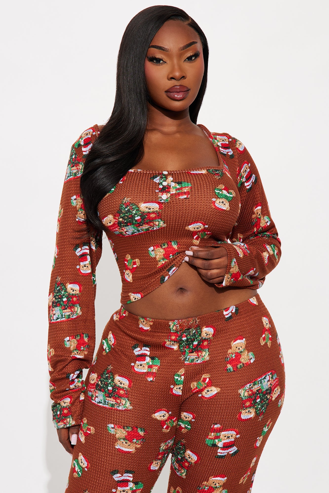 Christmas Teddy Bears Waffle Long Sleeve PJ Pant Set - Chocolate