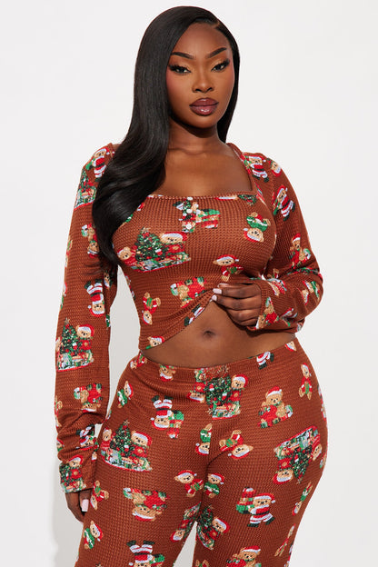 Christmas Teddy Bears Waffle Long Sleeve PJ Pant Set - Chocolate