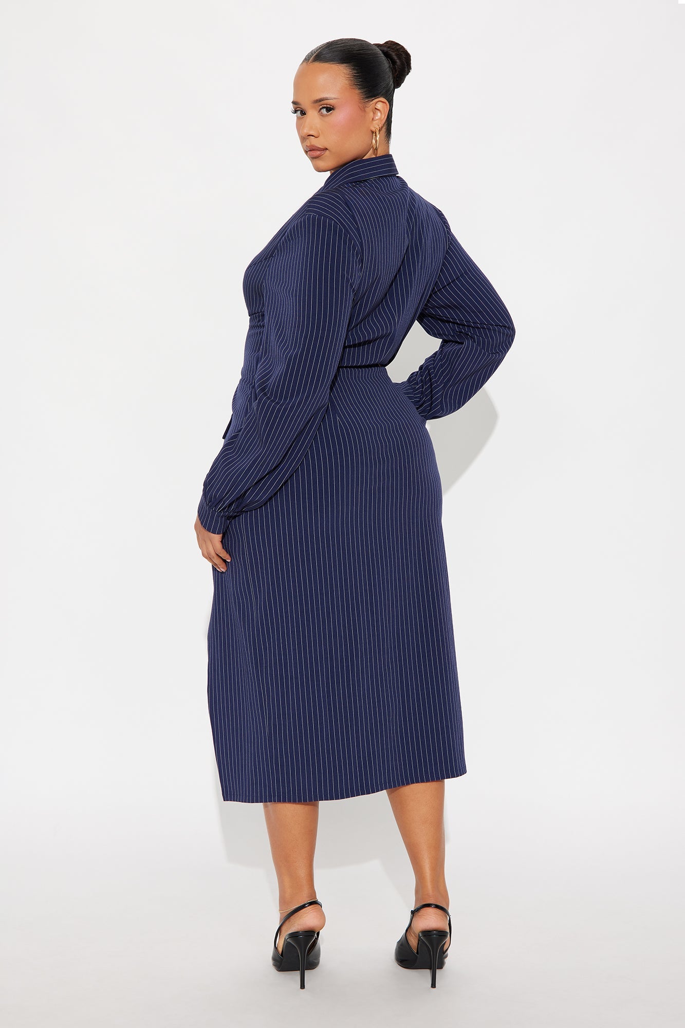 Taya Collar Pinstripe Shirt Midi Dress - Navy/combo