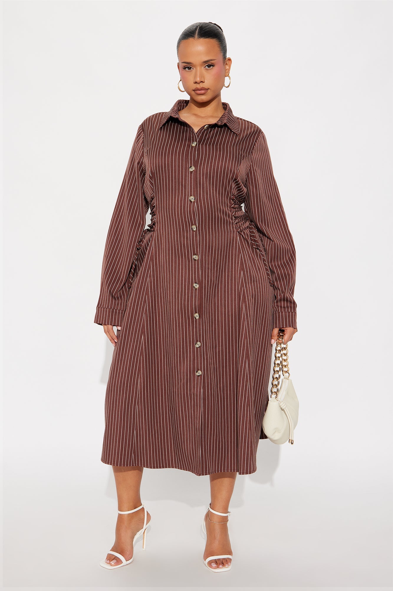 Veda Lace Up Pinstripe Midi Dress - Chocolate/Combo