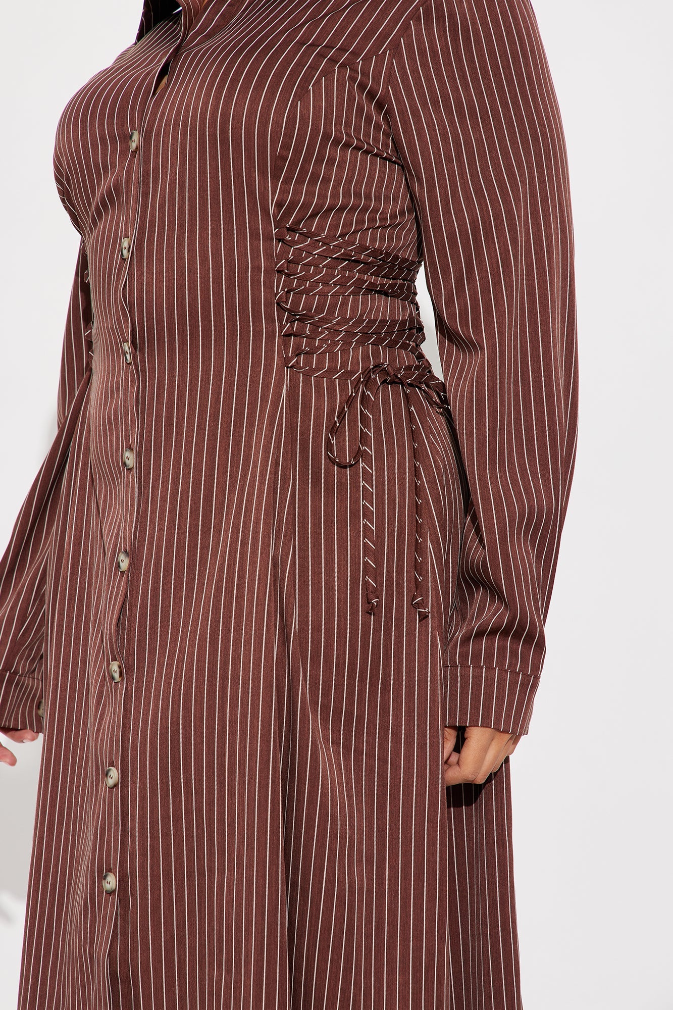 Veda Lace Up Pinstripe Midi Dress - Chocolate/Combo