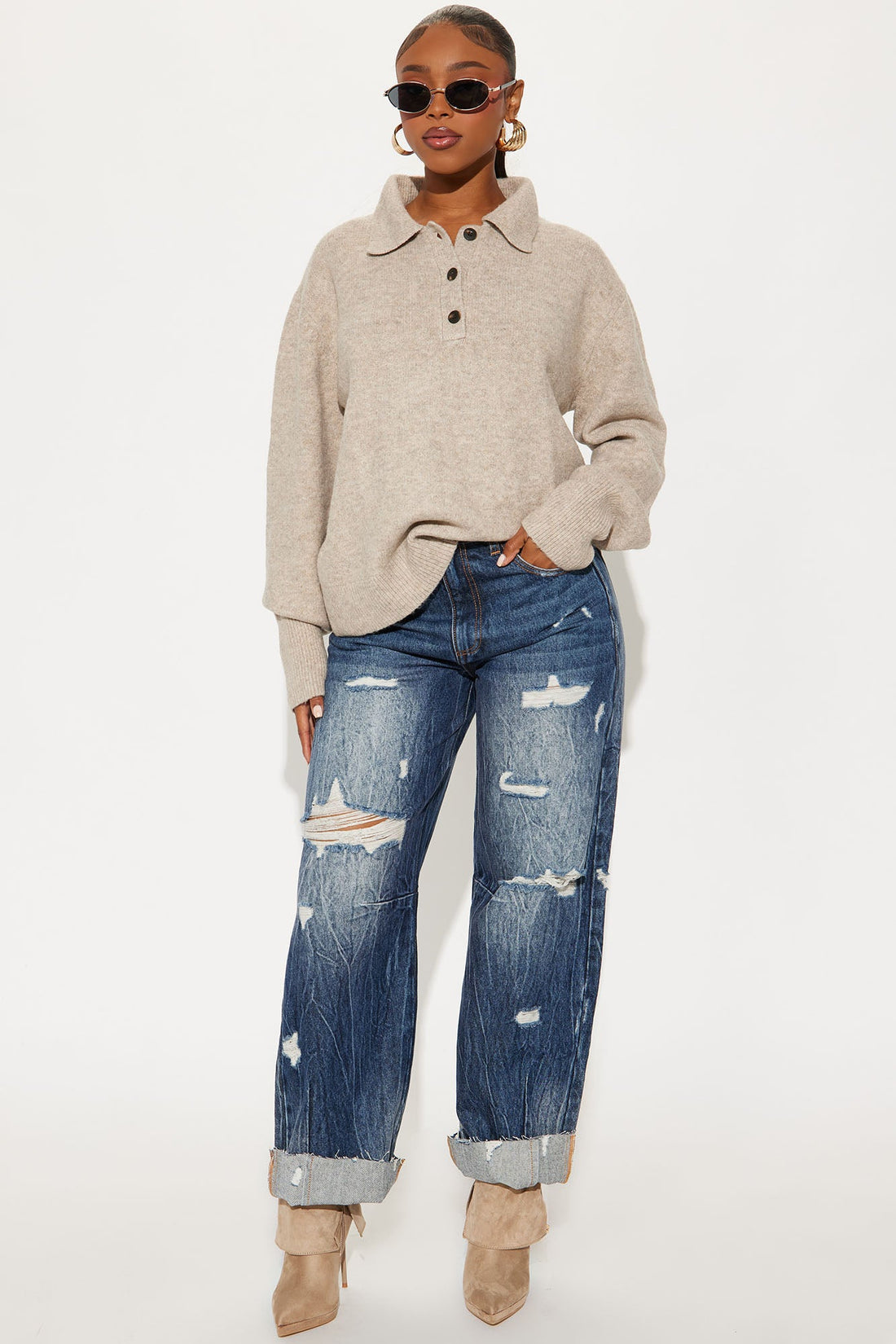 Bexy Destructed Barrel Wide Leg Jeans - Dark Wash