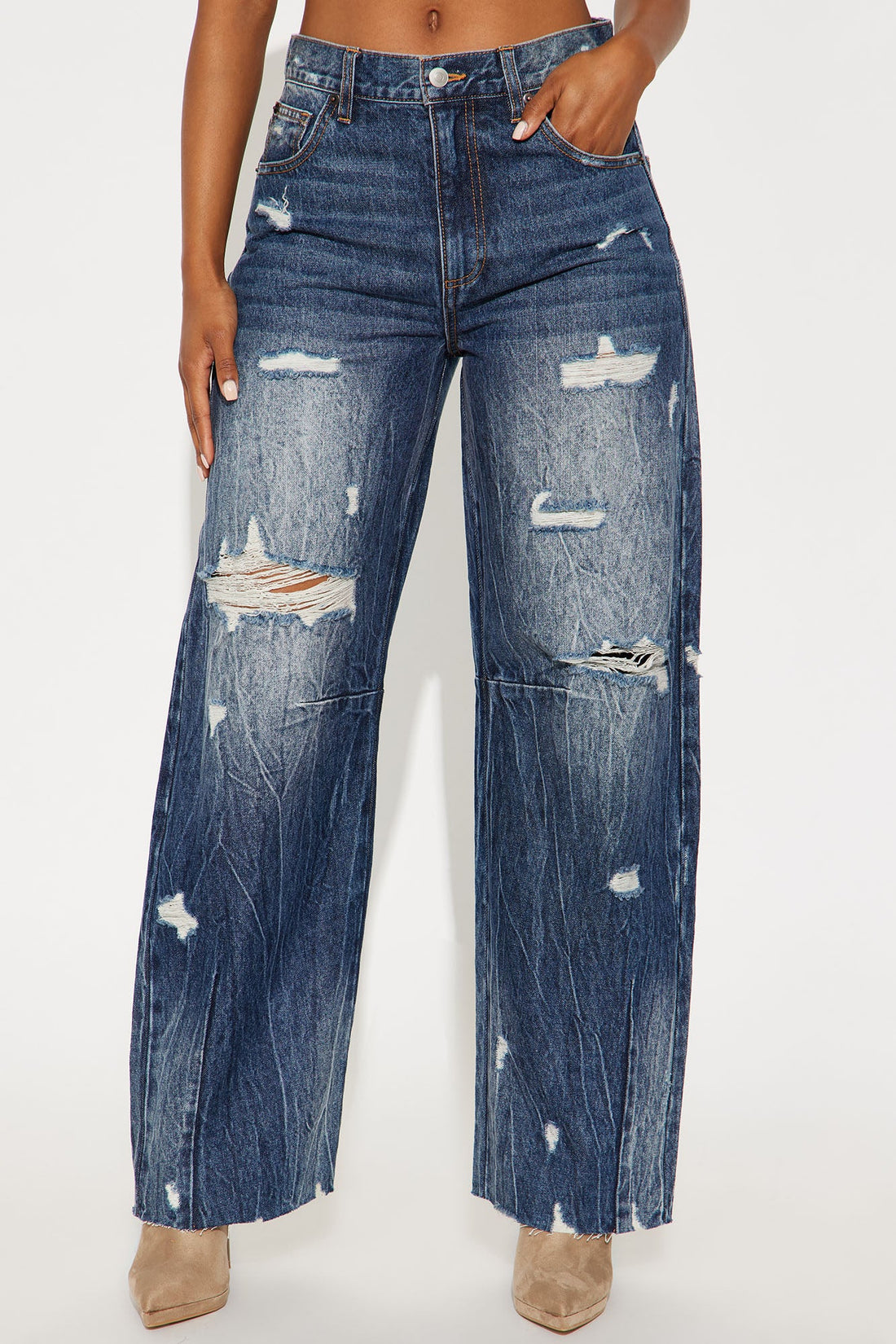 Bexy Destructed Barrel Wide Leg Jeans - Dark Wash