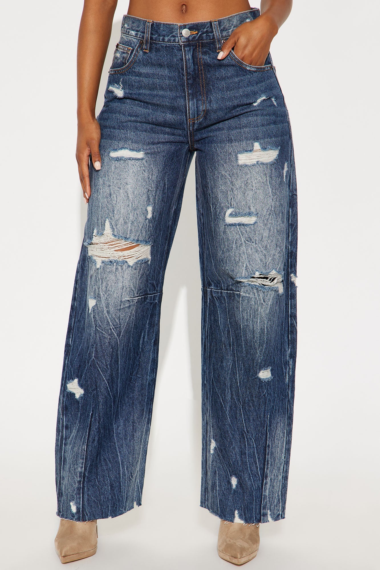 Bexy Destructed Barrel Wide Leg Jeans - Dark Wash