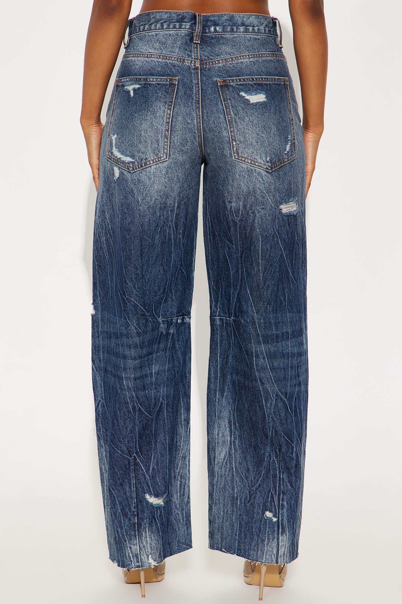 Bexy Destructed Barrel Wide Leg Jeans - Dark Wash